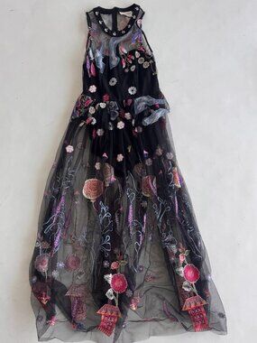 L'ATISTE Paris Embroidered Mesh Maxi Dress | Size S